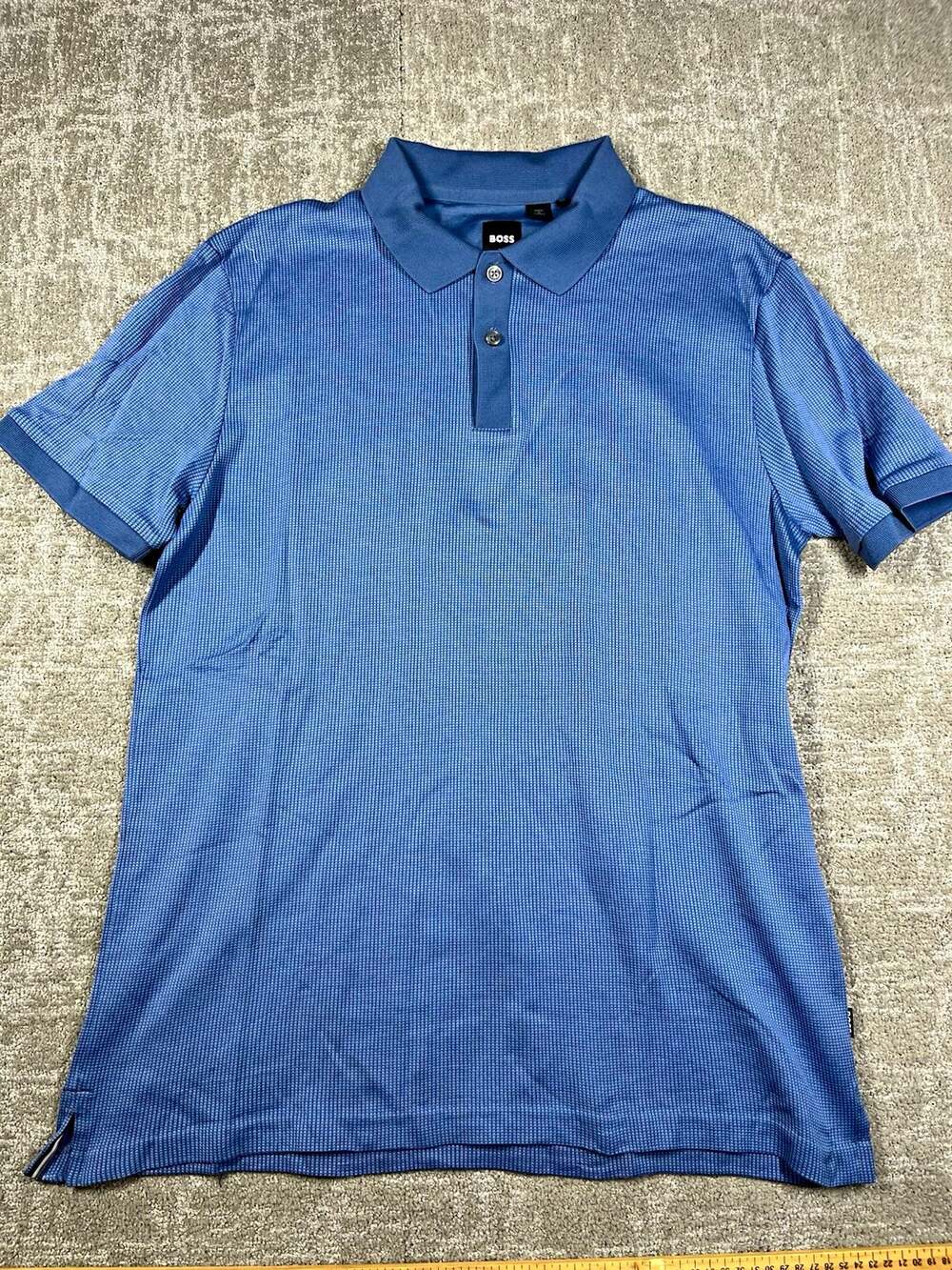BOSS Mens L Blue Textured Knit Short Sleeve Collared Button Logo Polo